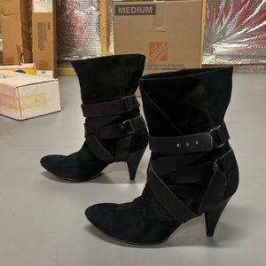 Mea Shadow Cassandra Leather Suede Harness Boots.